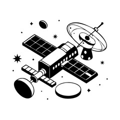 Isometric Illustration of a Communication Satellite Orbiting in Space with Solar Panels and Antennas