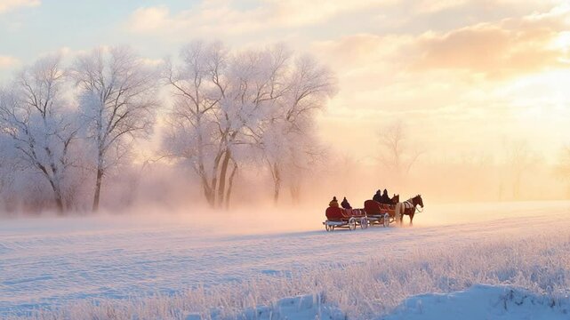 Horse-drawn sleigh ride through a frosty landscape on a winter day, scenic view