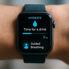Smartwatch Hydration Reminder. Wearable device with glowing UI prompts to drink water and guided breathing session.