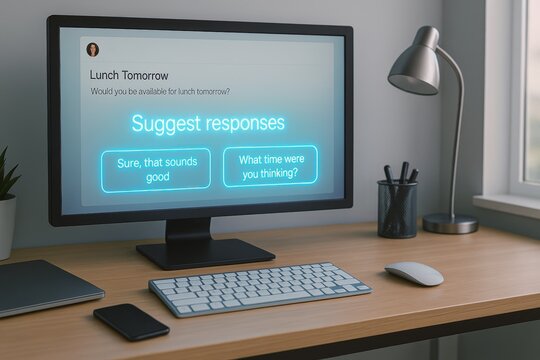 AI Email Assistant UI. Desktop monitor with glowing message suggestions and response options in modern home office.