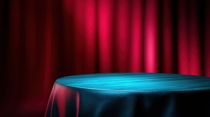 Elegant round table with a vibrant blue surface set against a rich red curtain backdrop