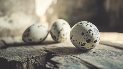 Three speckled eggs sit on a rustic wooden table in soft, natural ligh