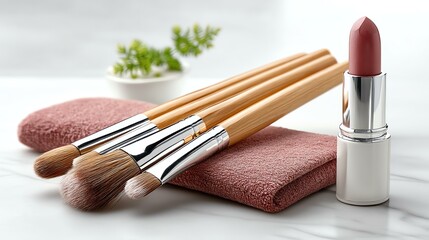 Elegant makeup brushes and lipstick on display.