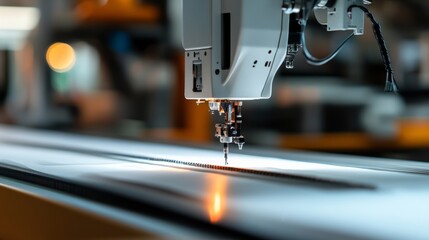 AI-automated textile manufacturing, robotic sewing machines producing intricate designs, optimized for efficiency,