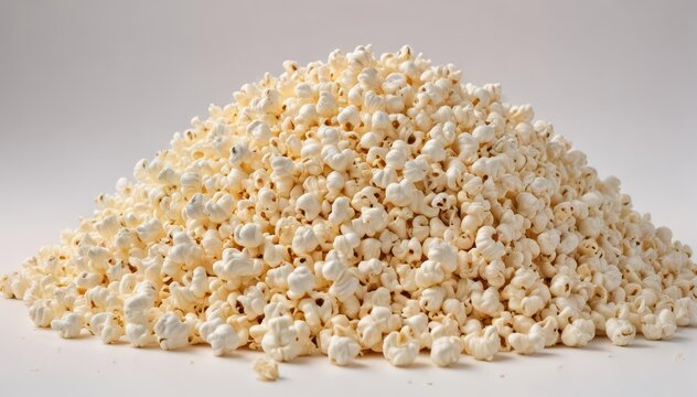 A fluffy mound of popcorn against a pure white backdrop , kernels, healthy