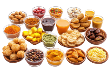 An assortment of tasty looking sweets, snacks, and drinks are displayed together