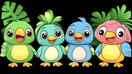 Fototapeta premium Four charming cartoon birds featuring adorable designs and cheerful expressions perfect for children's illustrations and playful educational content