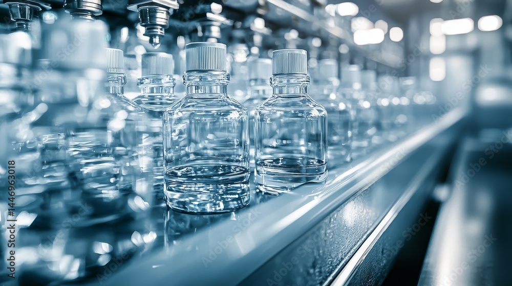 Poster close-up of transparent bottles on a production line in a factory setting.