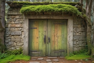 Ancient moss-covered stone building, weathered wooden door, tranquil forest , landscape, trees, relaxation