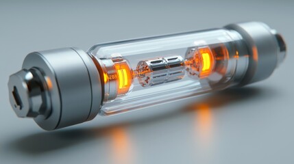 Close-up shot of a glowing electronic component on a smooth surface.