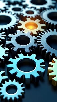 An overhead view of interlocking gears in different shades of blue and gold, one malfunctioning gear replaced by a golden one glowing subtly, symbolizing problem-solving and strategic repair, with cle