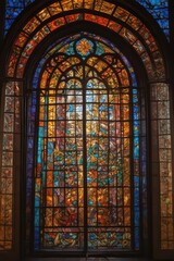 Arched stained glass window, vibrant hues, light streaming through , architecture, glass