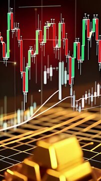 A rising stack of gold bars transitioning into a digital candlestick chart, set against a black and gold futuristic grid background with glowing lines, symbolizing digital gold and XAU/USD.
