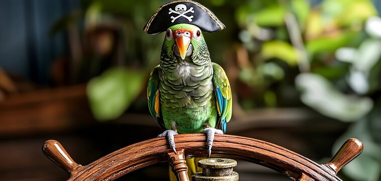 Adorable Pirate Parrot Standing on Ship Wheel. Fantasy Illustration.