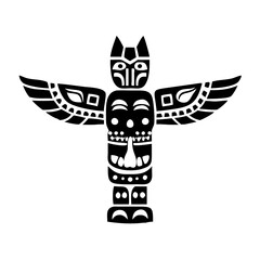 Native American Totem Pole with Bird Wings and Detailed Carvings  Black and White Illustration