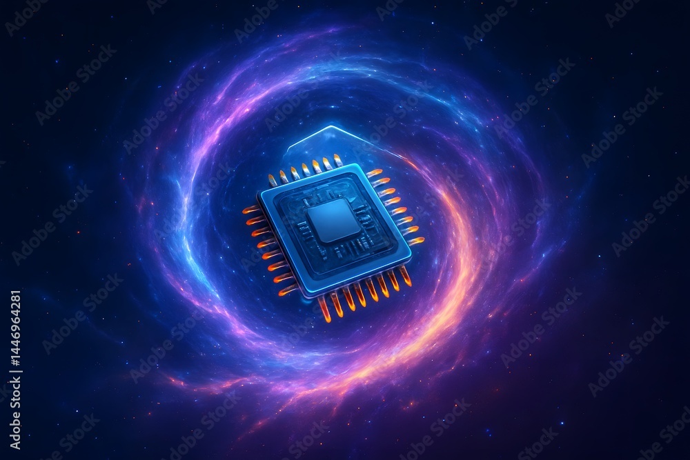 Aufkleber futuristic microchip surrounded by colorful cosmic swirls in space