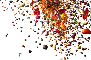 Spices and peppers mix in air, vibrant colors popping against a stark black background
