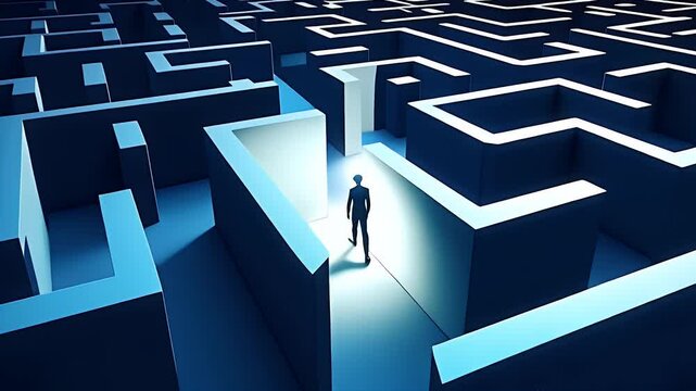 Abstract concept of a maze with multiple exits, one path leading to safety, representing risk mitigation and decision-making with copy space.



