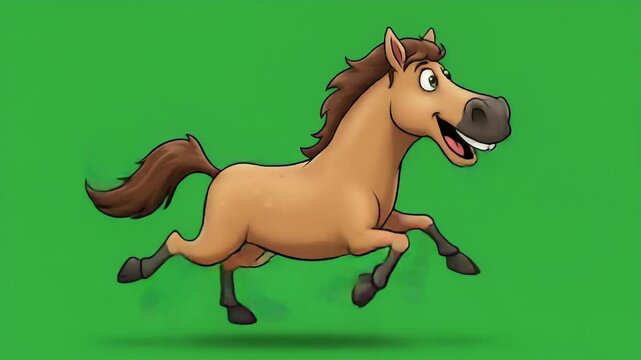 Animated cartoon horse running against green screen background