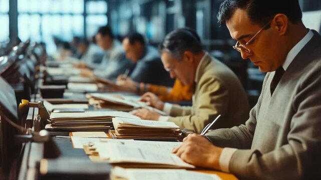 Men meticulously reviewing documents in a vintage office environment, showcasing focus