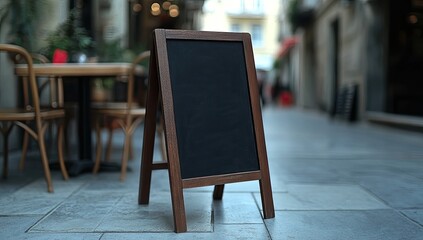 A blank chalkboard sign stands on a sidewalk outside a cafe