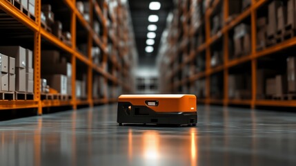 AI-powered robotic warehouse automation, shelves stocked with precision, self-operating retrieval systems optimizing logistics,