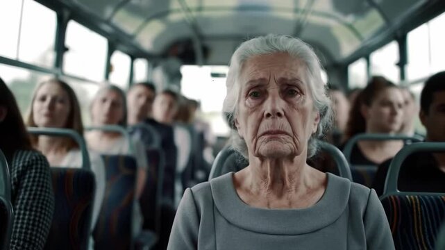 Elderly woman rides public bus while fellow passengers remain unaware