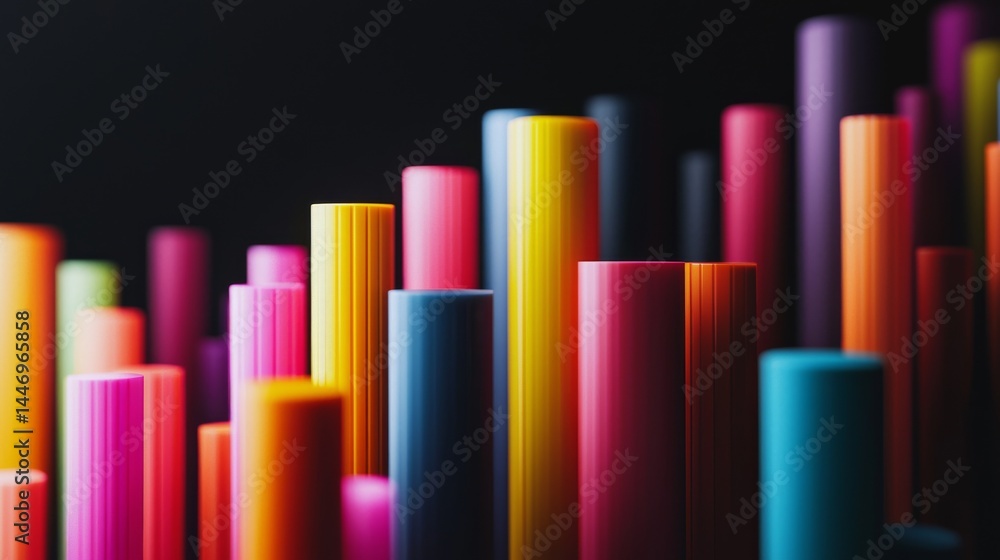 Poster colorful tubes in vibrant hues create a dynamic visual display against a dark background.