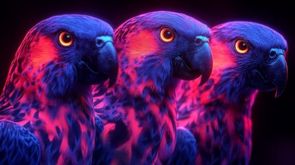Fototapeta premium Vibrant Eclectus Trio Portrait with Electric Hues, Highlighting Bold Coloration and Unique Bird Plumage in a Dark Serene Setting, Close-up