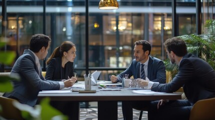 Obraz premium Engaged business professionals strategizing in a well-lit office environment