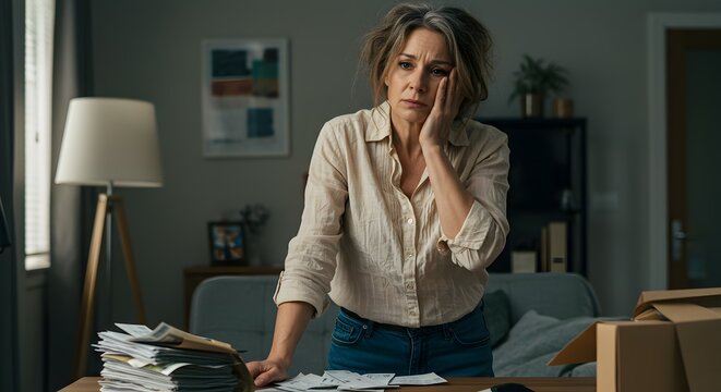 Worried Woman with Bills
