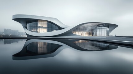 Fototapeta premium Futuristic architectural design reflected in tranquil water for a stunning visual impact.