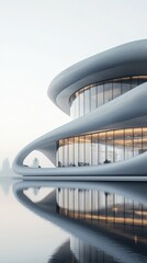 Naklejka premium Futuristic architectural design reflecting in calm water.