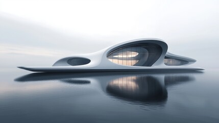 Naklejka premium Futuristic architectural design with sleek curves and water reflections.