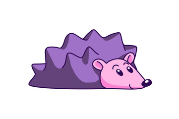 Purple kids plush toy of cute hedgehog. Funny violet character of happy prickly animal of forest. Baby rodent with needles for child play games. Flat isolated vector illustration on white background