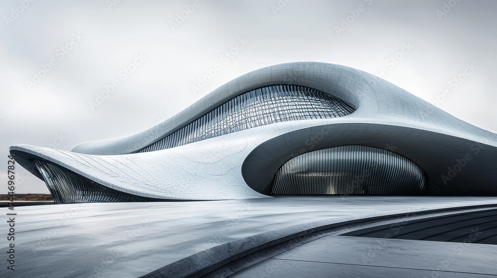 Poster futuristic building design showcasing sleek lines and modern architecture.