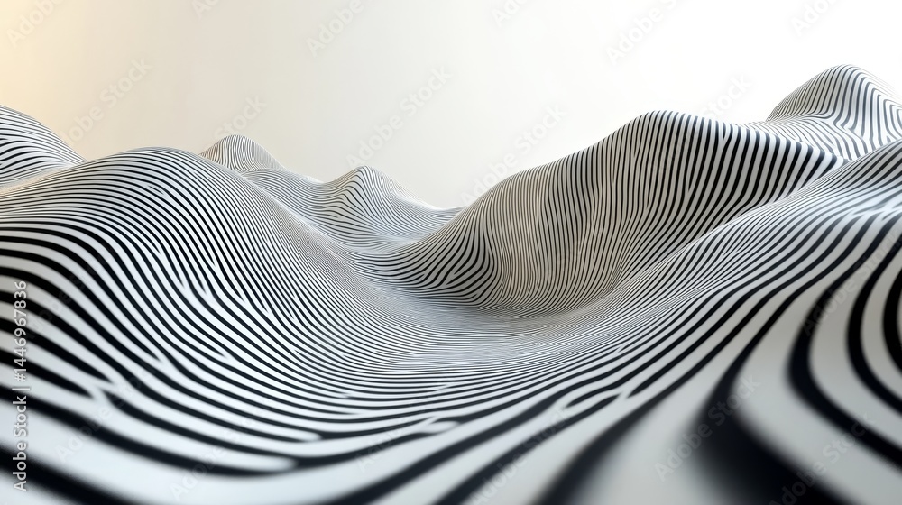 Poster abstract rendering of wavy terrain with contrasting black and white stripes, suggesting fluidity and