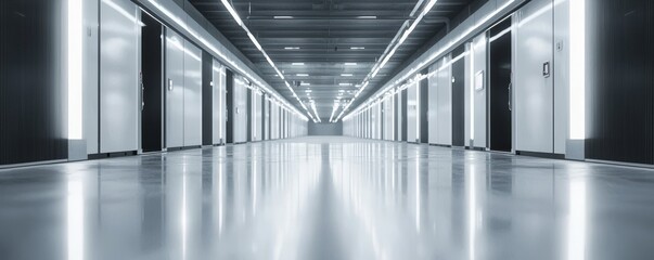 Futuristic corridor with glossy floors and bright lights, creating a modern atmosphere.