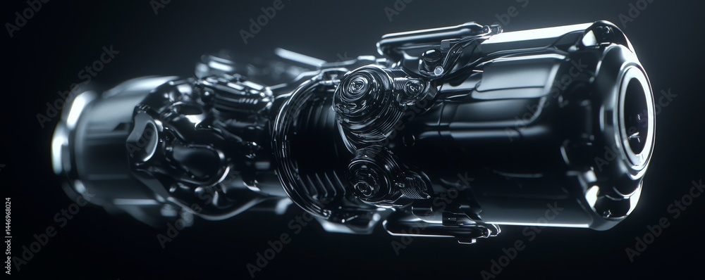 Poster futuristic metallic engine component showcasing intricate design and details.