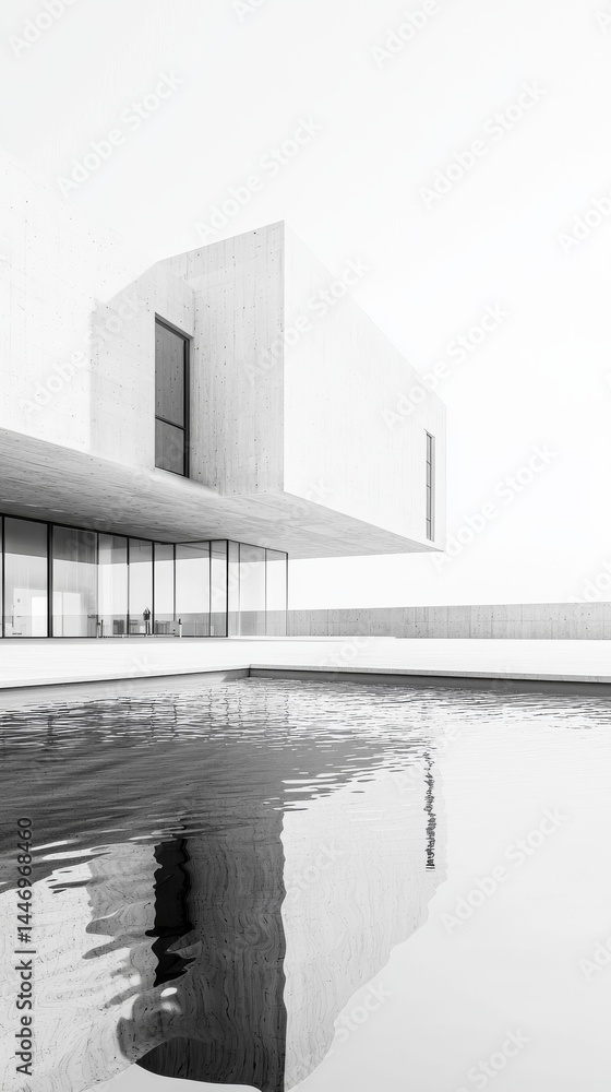 Poster minimalist architecture reflecting modern design with tranquil water features.