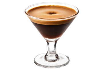 Coffee in a martini glass with dark and frothy surface. Dark liquid at the bottom
