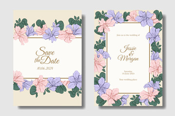 Boho soft color, aesthetic wedding invitation design template with hand drawing Bauhinia flower