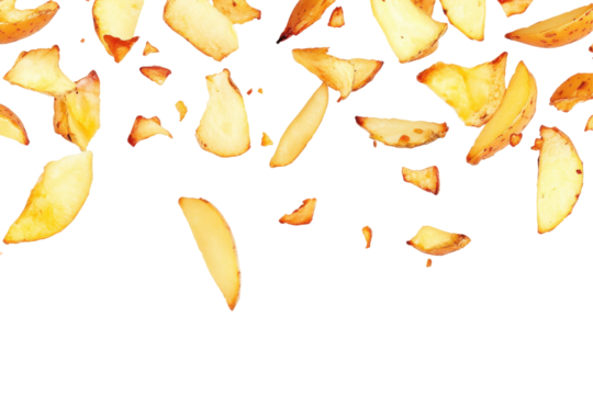 Delicious potato wedges float, crisp edges and fluffy interiors against a black background