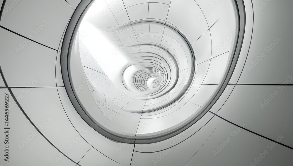 Poster a spiraling, white, futuristic tunnel with subtle gray lines and circular openings, receding into a 