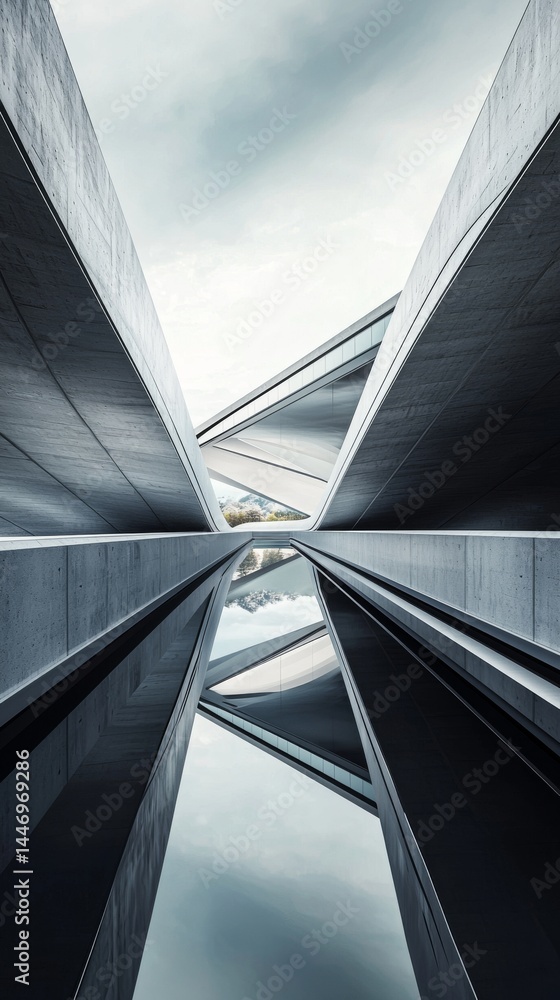 Poster modern architectural design showcasing sharp lines and reflective surfaces.