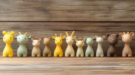Collection of miniature giraffe figurines arranged in a row on a wooden surface showcasing variety in color and design for cute decorative display