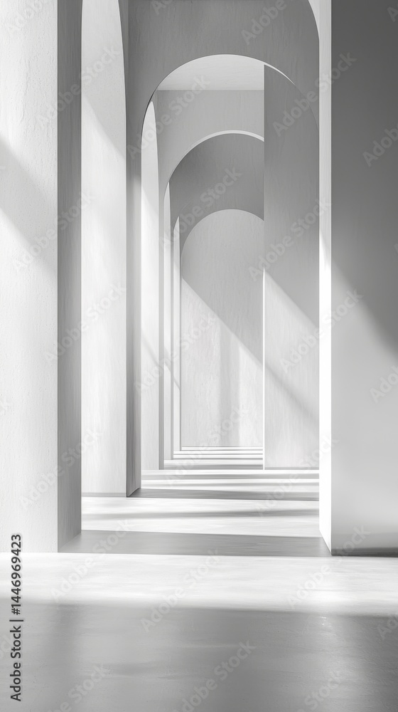 Poster modern architectural hallway with white arches and soft shadows creating a calming atmosphere.