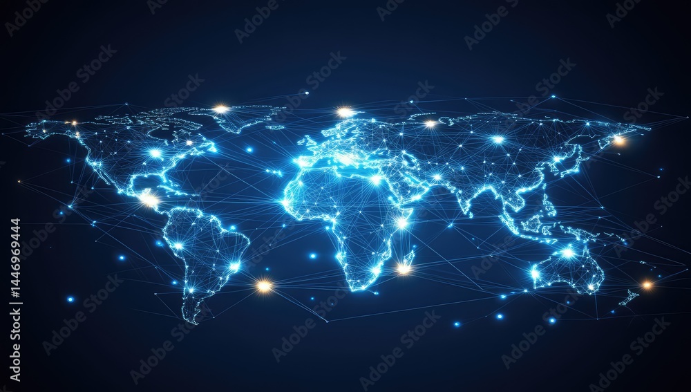 Poster global network connection, illuminated world map
