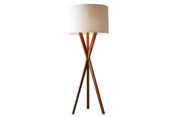Cream-colored lamp with wooden, crossed legs, perfect for a contemporary living space.