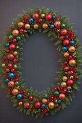 A vibrant Christmas wreath, circular, adorned with ornaments and garland , festive, joyful, elegant